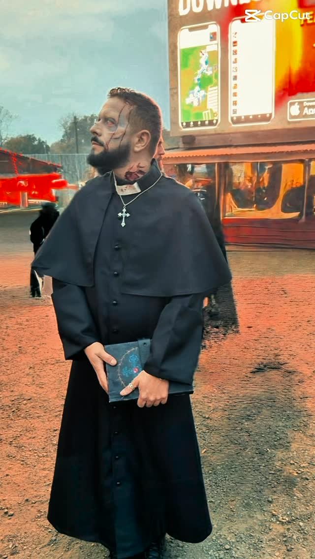 SFX makeup character in priest costume with neck wound